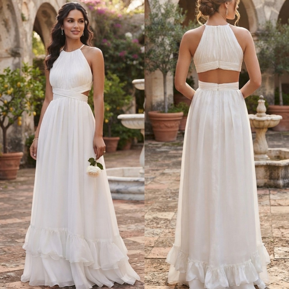 New Mac Duggal Long Dress 2 Gown Dress White Wedding Pleated Chiffon Cutout
